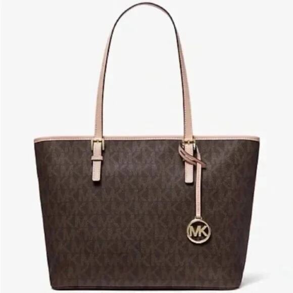 MICHAEL KORS Women's Brown Monogram Medium Jet Set Zip Top Tote Authentic - Picture 1 of 10